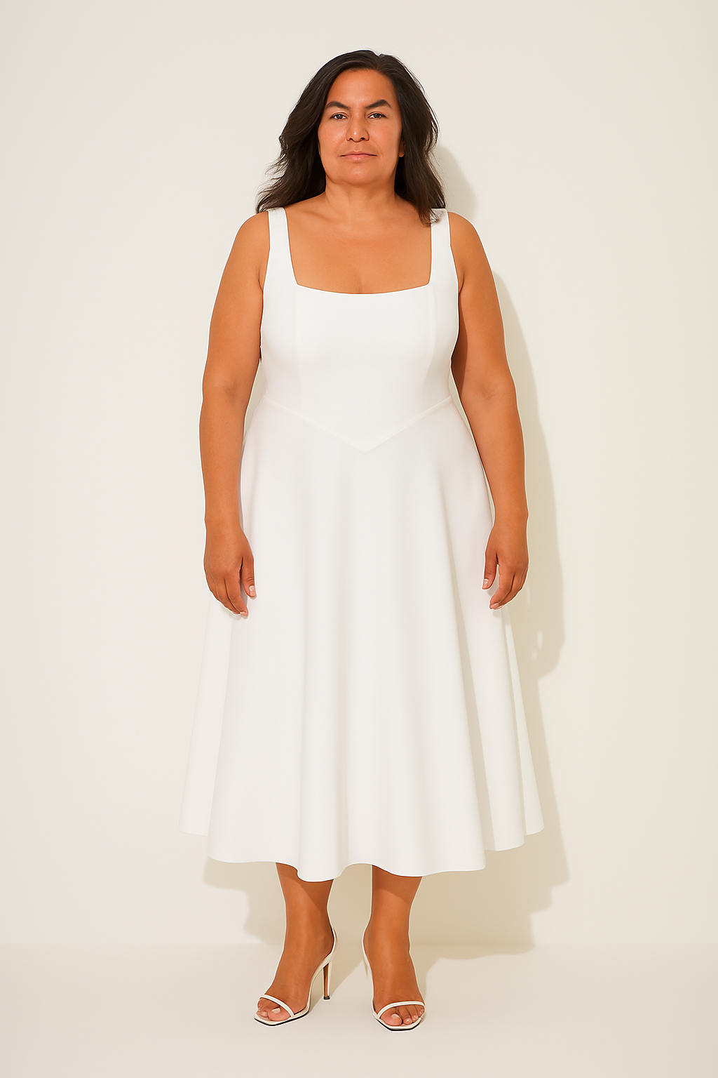 Party-ready women's sleeveless A-line midi dress, elegant square neck design.