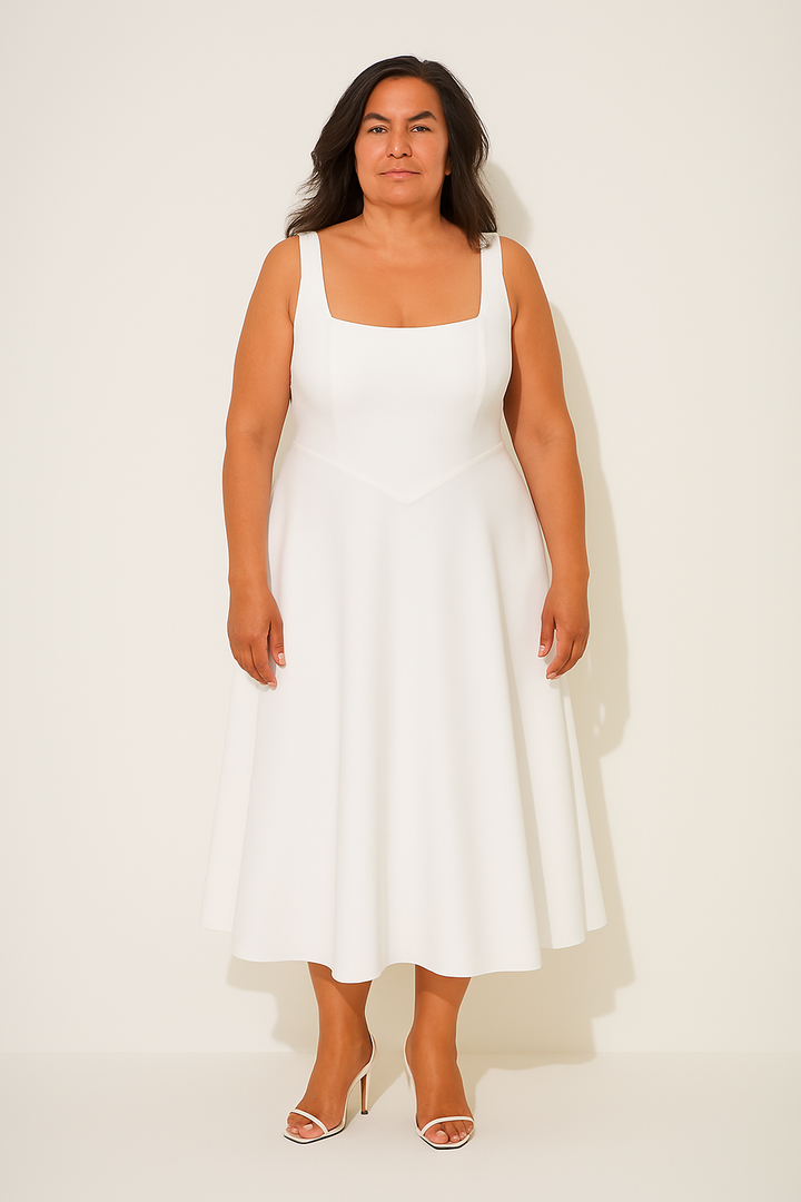 Party-ready women's sleeveless A-line midi dress, elegant square neck design.