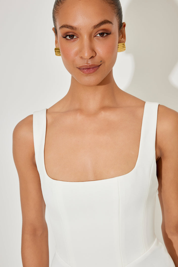 Women's square neck A-line midi dress, versatile for casual or formal wear.