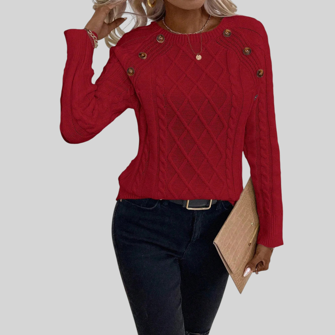 Elegant women's long sleeve top. Square neckline sweater with sophisticated button accents.