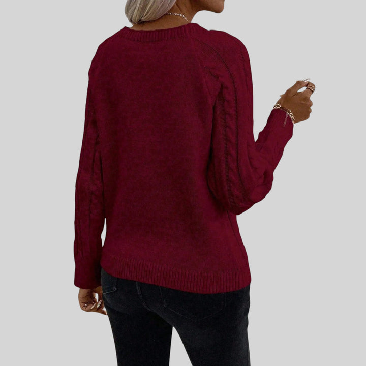 Stylish fall outfit: Women's square neck sweater, featuring elegant buttons & long lantern sleeves.