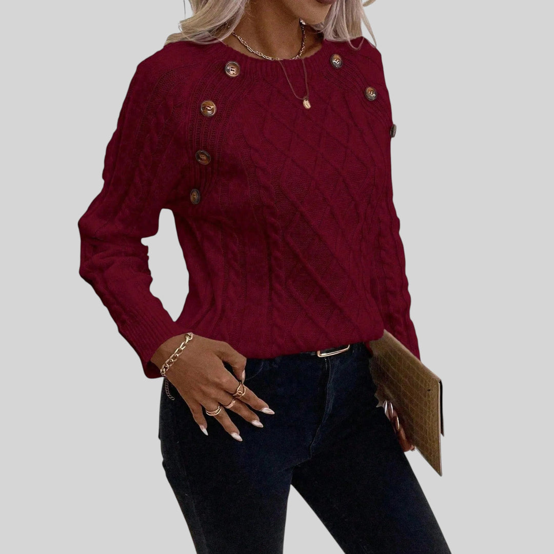 Winter fashion women's sweater: Cozy square neck pullover with subtle button detailing.