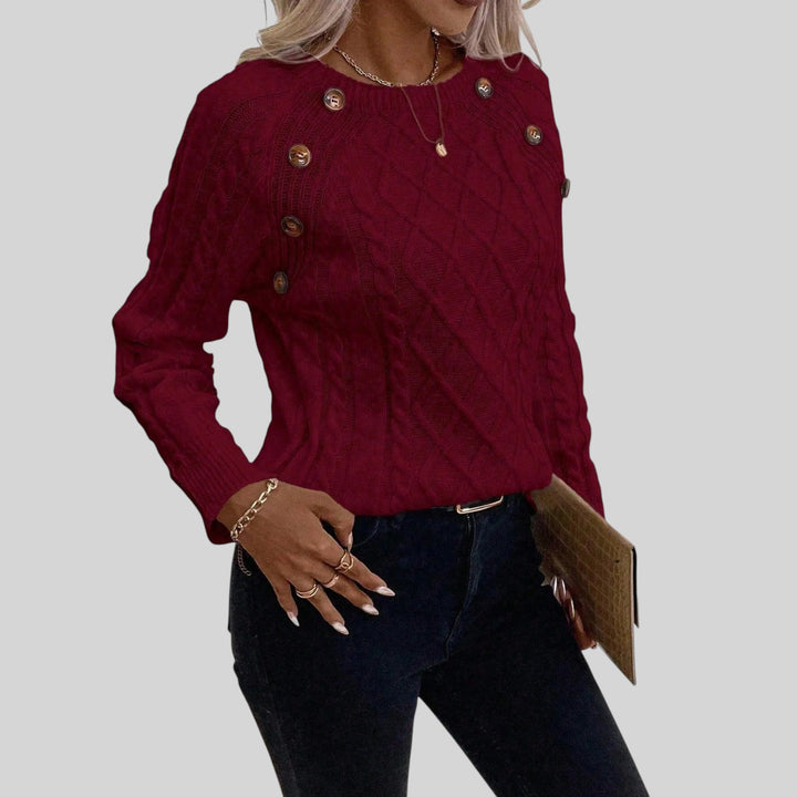 Winter fashion women's sweater: Cozy square neck pullover with subtle button detailing.