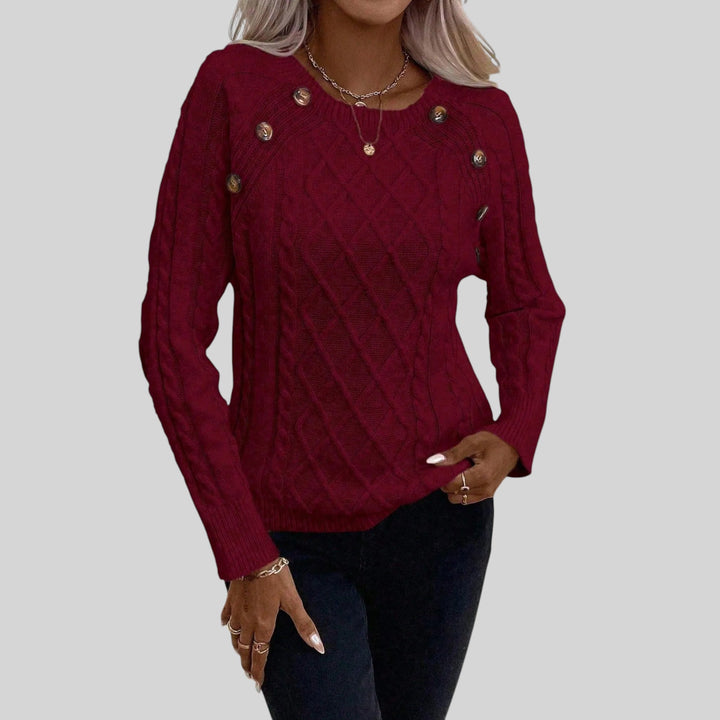 Women's elegant top: Square neck sweater with unique button pattern and comfortable fit.