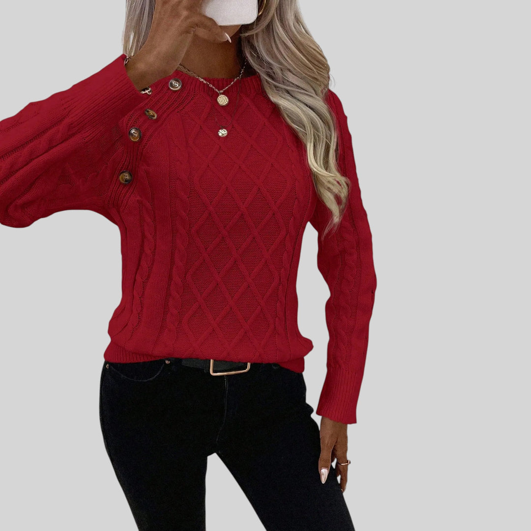 Chic square neck women's sweater. Buttoned front and fashionable lantern sleeves for everyday wear.