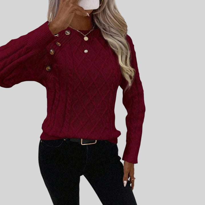 Comfortable women's square neck sweater, a versatile long-sleeve pullover with elegant buttons.