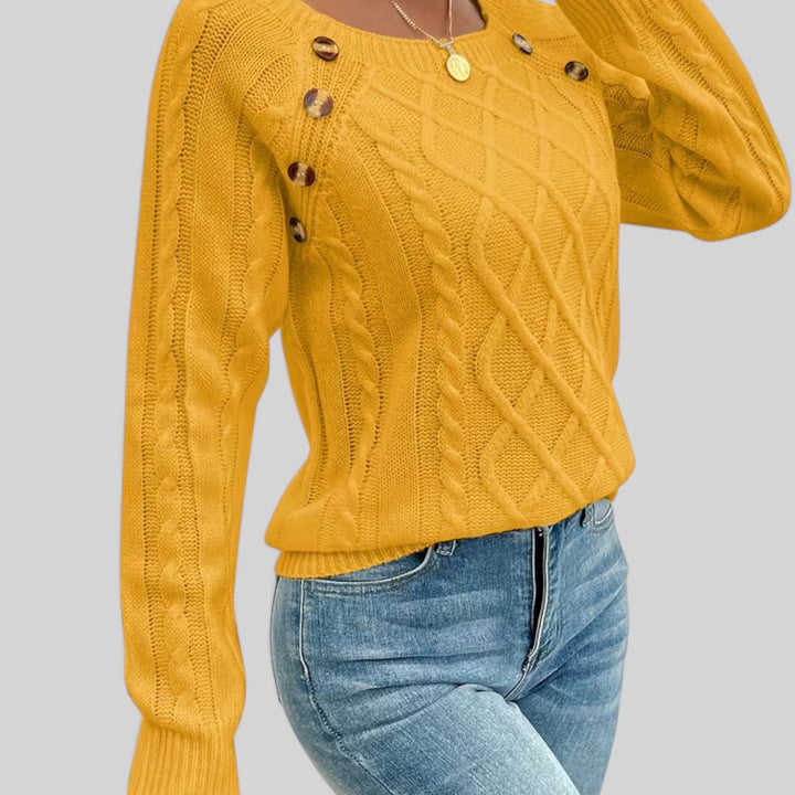 Elegant women's button-detail sweater. Square neckline & lantern sleeves, perfect for casual chic.