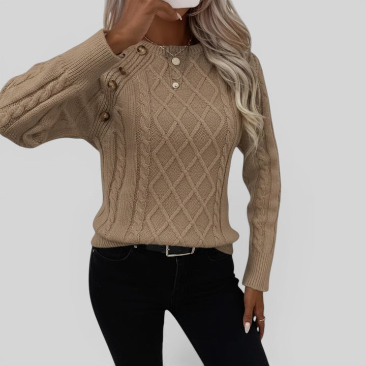 Chic square neck pullover for women, featuring elegant button accents & comfortable long sleeves.