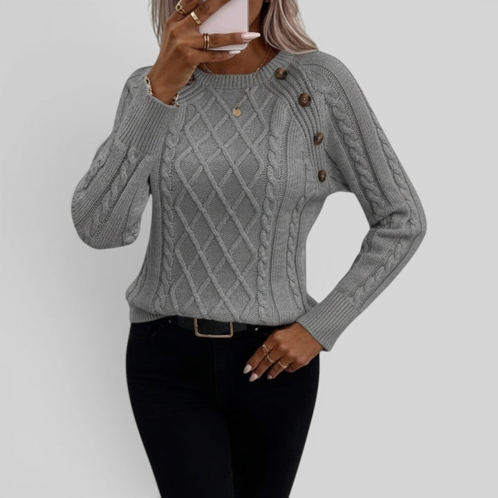 Women's fall fashion: Elegant square neck sweater with decorative buttons & fashionable lantern sleeves.