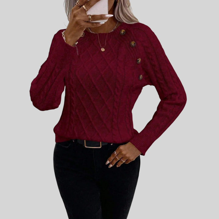 Versatile women's winter sweater. Square neck, button detail, and comfortable long lantern sleeves.