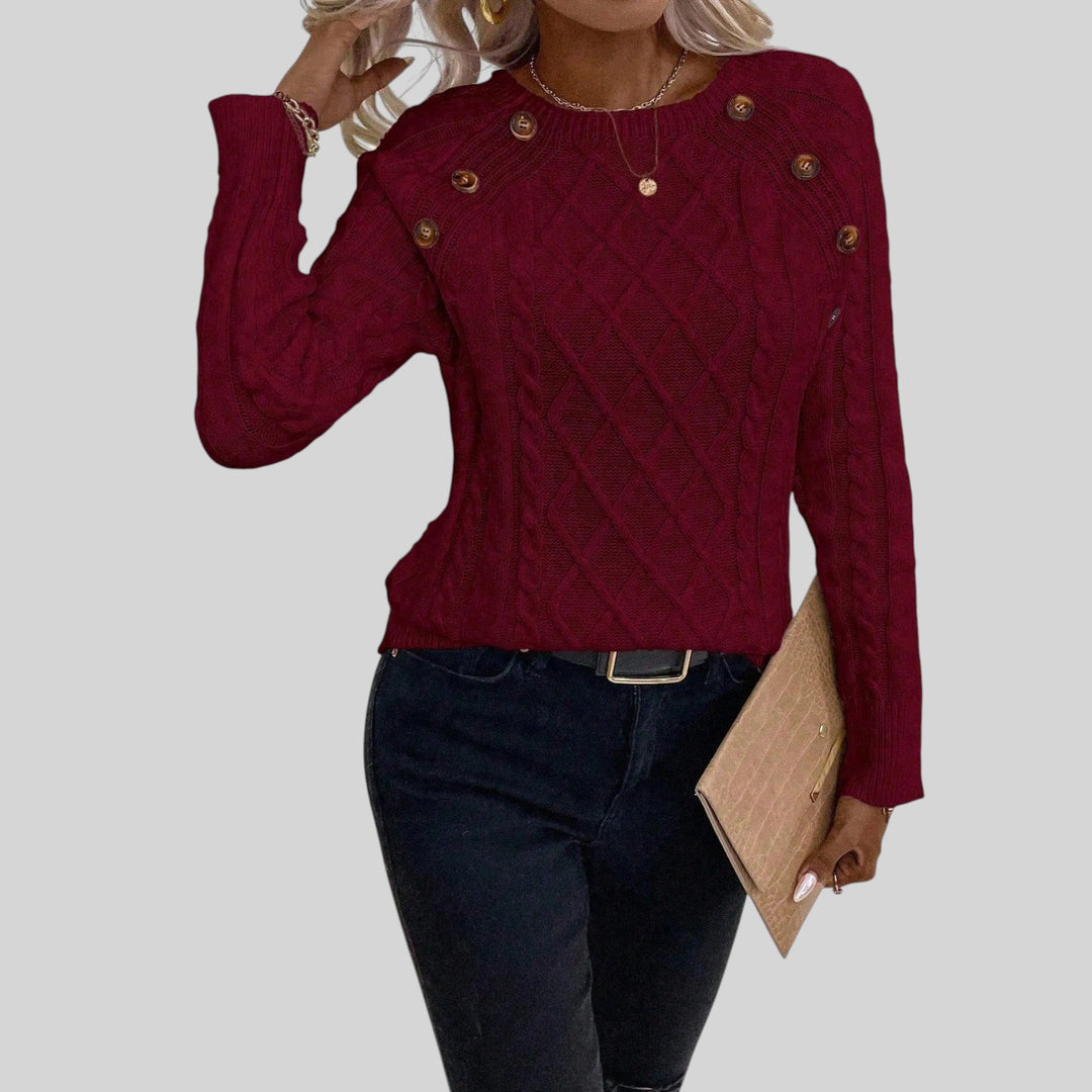 Cozy women's square neck knit sweater with decorative buttons & stylish lantern sleeves for fall.