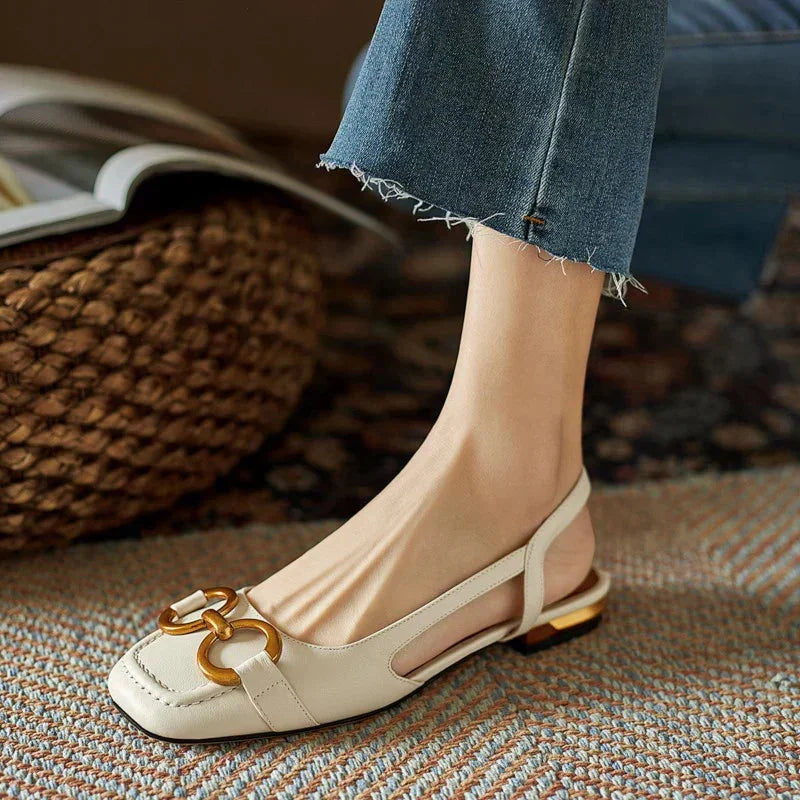 Versatile women's elegant square toe slingback sandals. Flat for comfort, great summer footwear for any occasion.