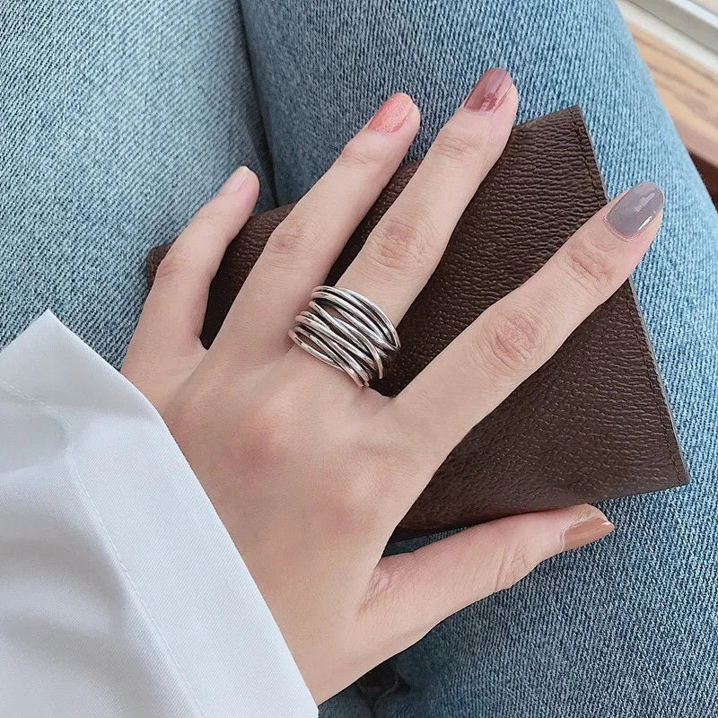 Sterling silver adjustable open-cuff layered ring for women. Stylish silver fashion jewelry, perfect gift for her.