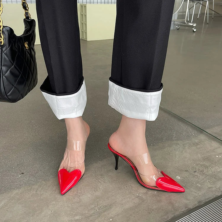 Women's slip-on stiletto mules for parties, featuring a stylish pointed toe with heart accent.