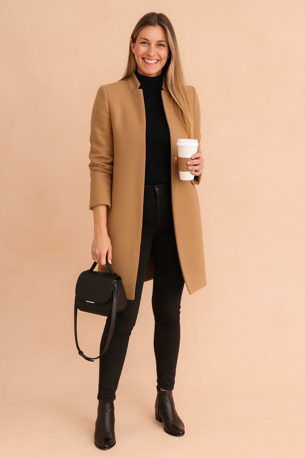 Elegant women's straight cut coat in timeless urban style, perfect outerwear.