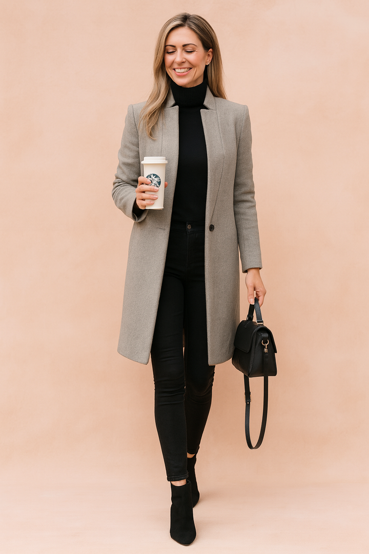 Close-up of the tailored seams on a women's elegant straight cut coat.