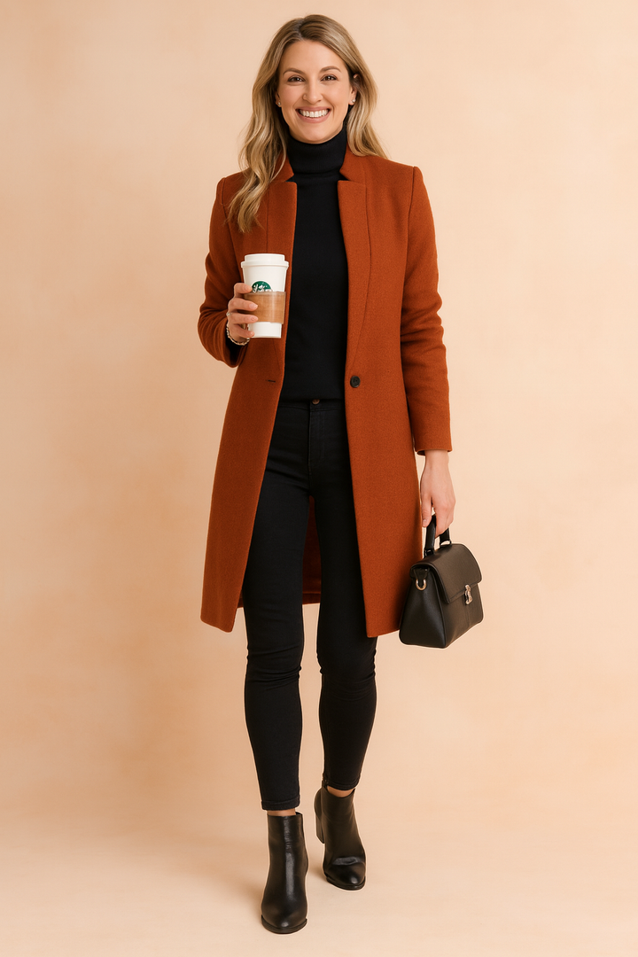 Woman wearing a versatile knee-length straight cut coat for urban fashion.