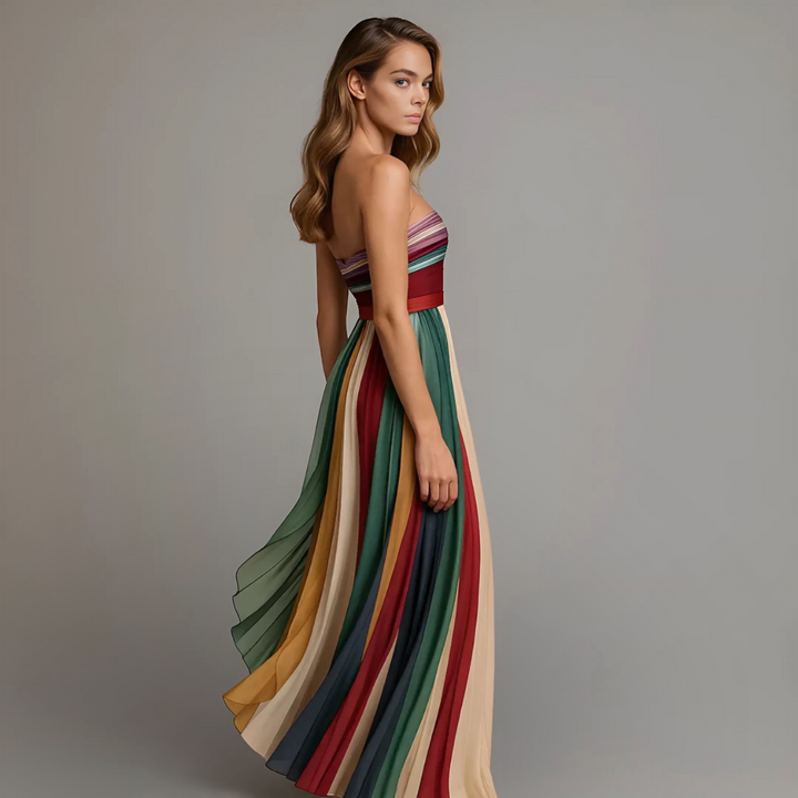 Sophisticated women's formal A-line maxi dress, strapless and elegant, suitable for evening wear or parties.