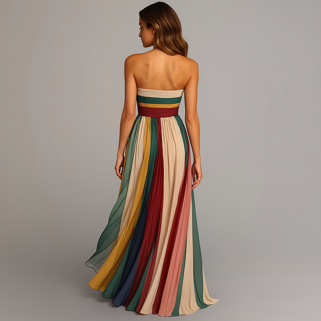 Flowing women's strapless A-line maxi dress, a versatile elegant gown for formal, evening, or party wear.