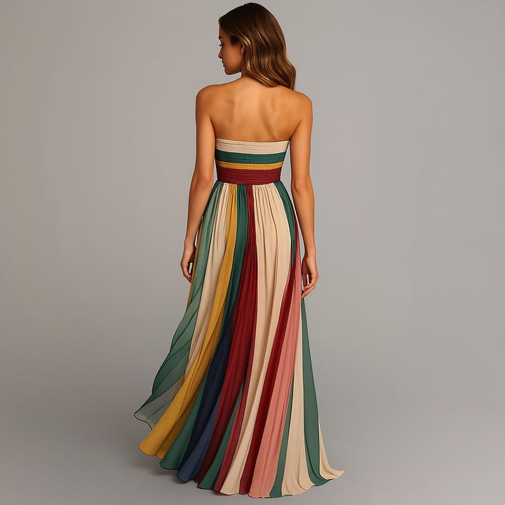 Flowing women's strapless A-line maxi dress, a versatile elegant gown for formal, evening, or party wear.