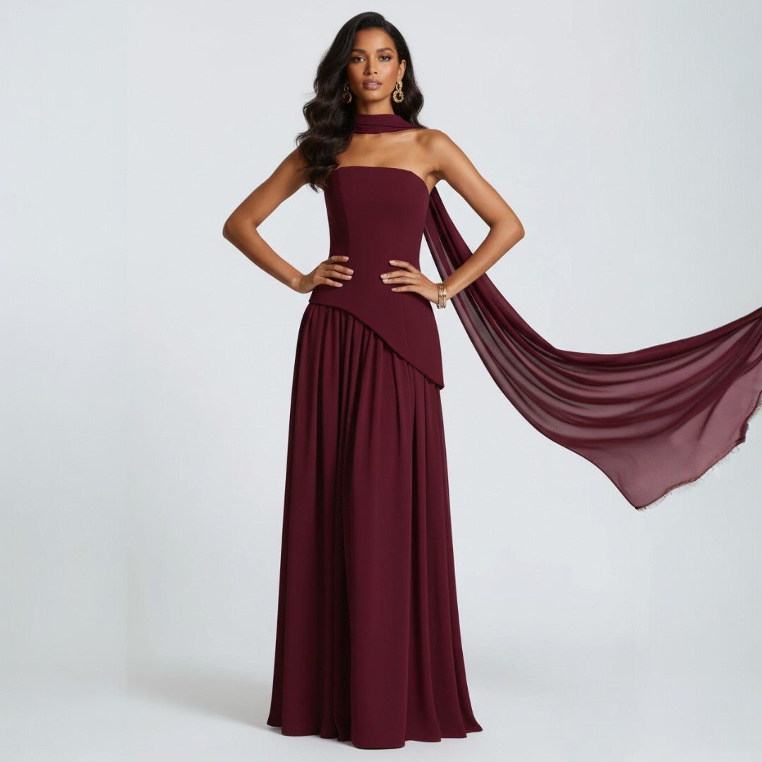 Elegant women's strapless A-line maxi dress with matching shawl, perfect for formal occasions.