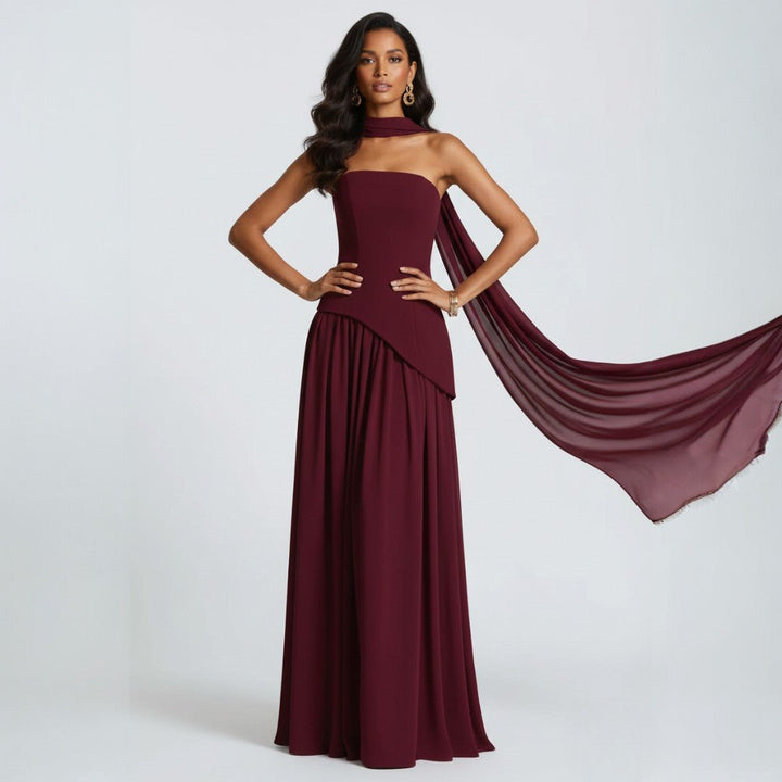 Elegant women's strapless A-line maxi dress with matching shawl, perfect for formal occasions.
