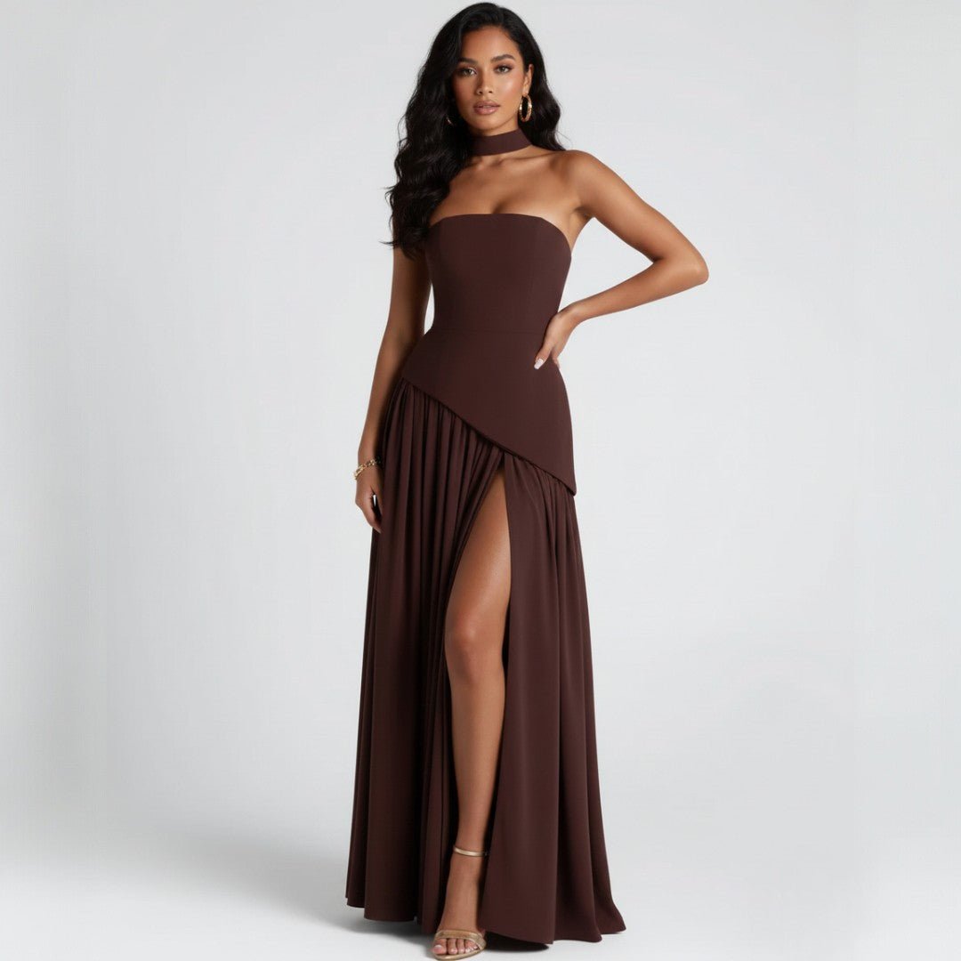 Formal women's evening gown, strapless A-line maxi dress with matching shawl for special events.