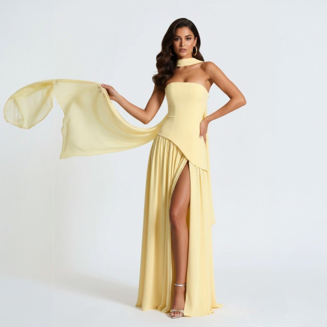 Long A-line strapless maxi dress for women, an elegant party gown with matching shawl, flattering silhouette.