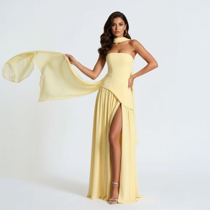 Long A-line strapless maxi dress for women, an elegant party gown with matching shawl, flattering silhouette.