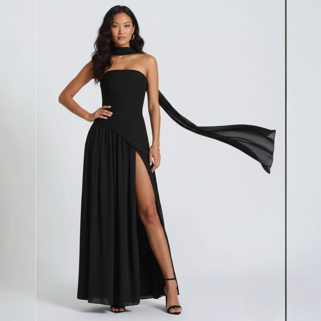 Elegant women's special occasion strapless A-line maxi dress with matching shawl, a beautiful long gown.