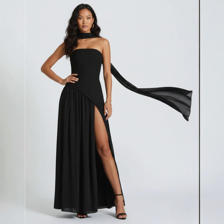 Elegant women's special occasion strapless A-line maxi dress with matching shawl, a beautiful long gown.