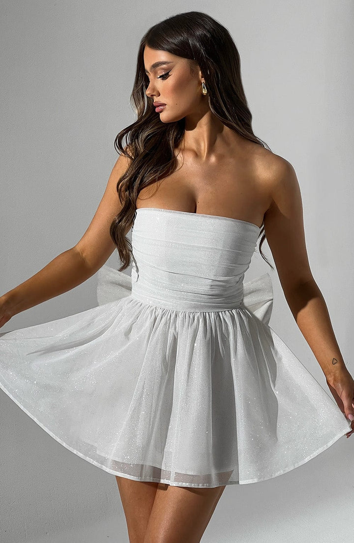 Glamorous strapless A-line mini evening dress for women, chic and stylish.