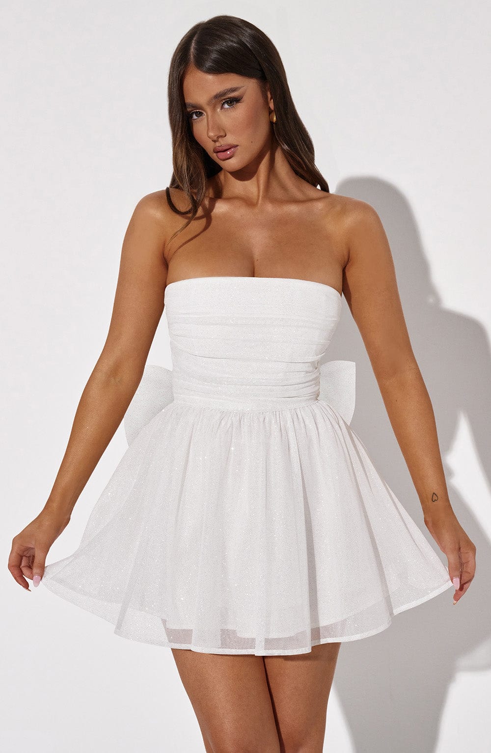 Stunning women's strapless A-line mini dress, an elegant choice for any celebration.