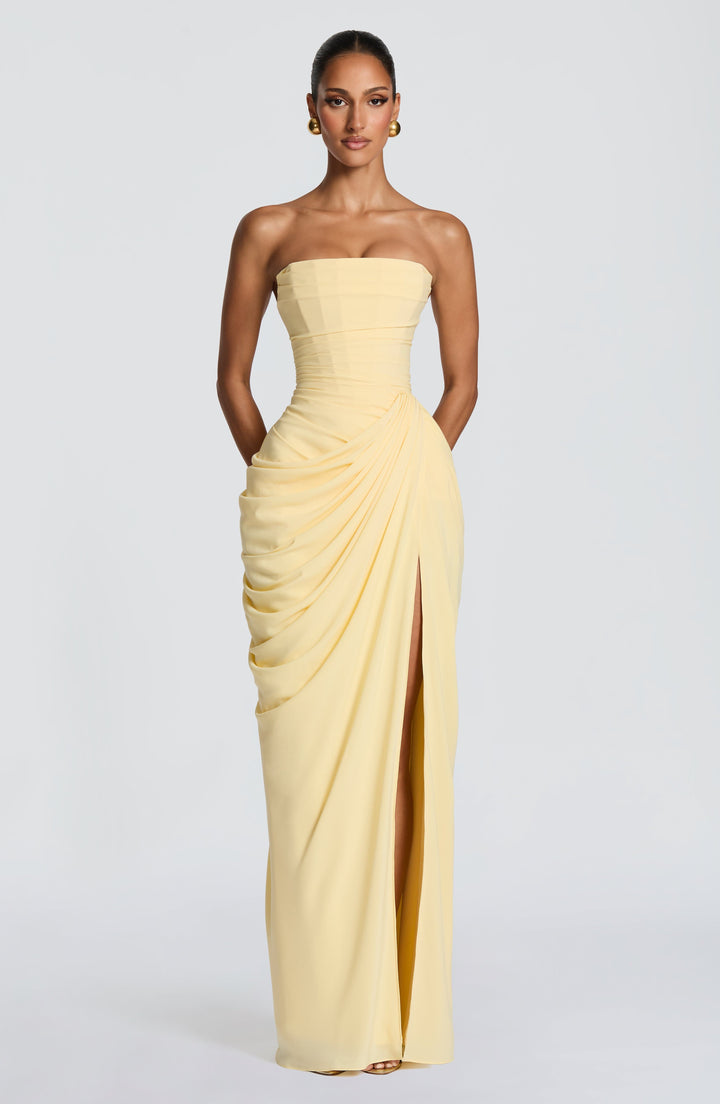 Sculpted bodycon strapless maxi dress for women, a formal evening gown with a flattering corset style.