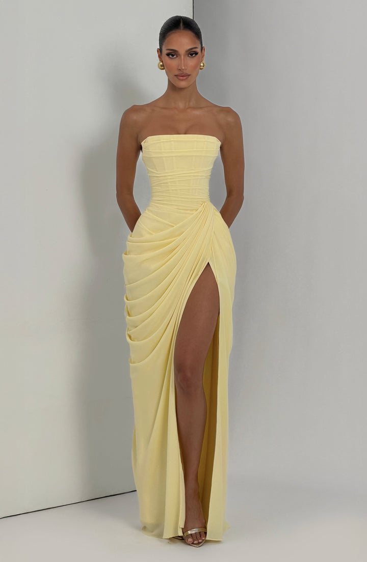 Glamorous women's strapless corset bodycon evening maxi dress, creating a beautiful sculpted silhouette.