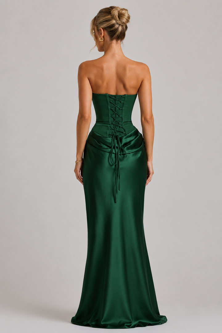 Stylish women's strapless corset bodycon maxi dress. An elegant occasion dress for formal parties & evening events.
