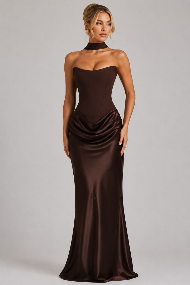 Chic women's corset bodycon maxi dress, a perfect strapless formal gown. Ideal for weddings & special evening events.