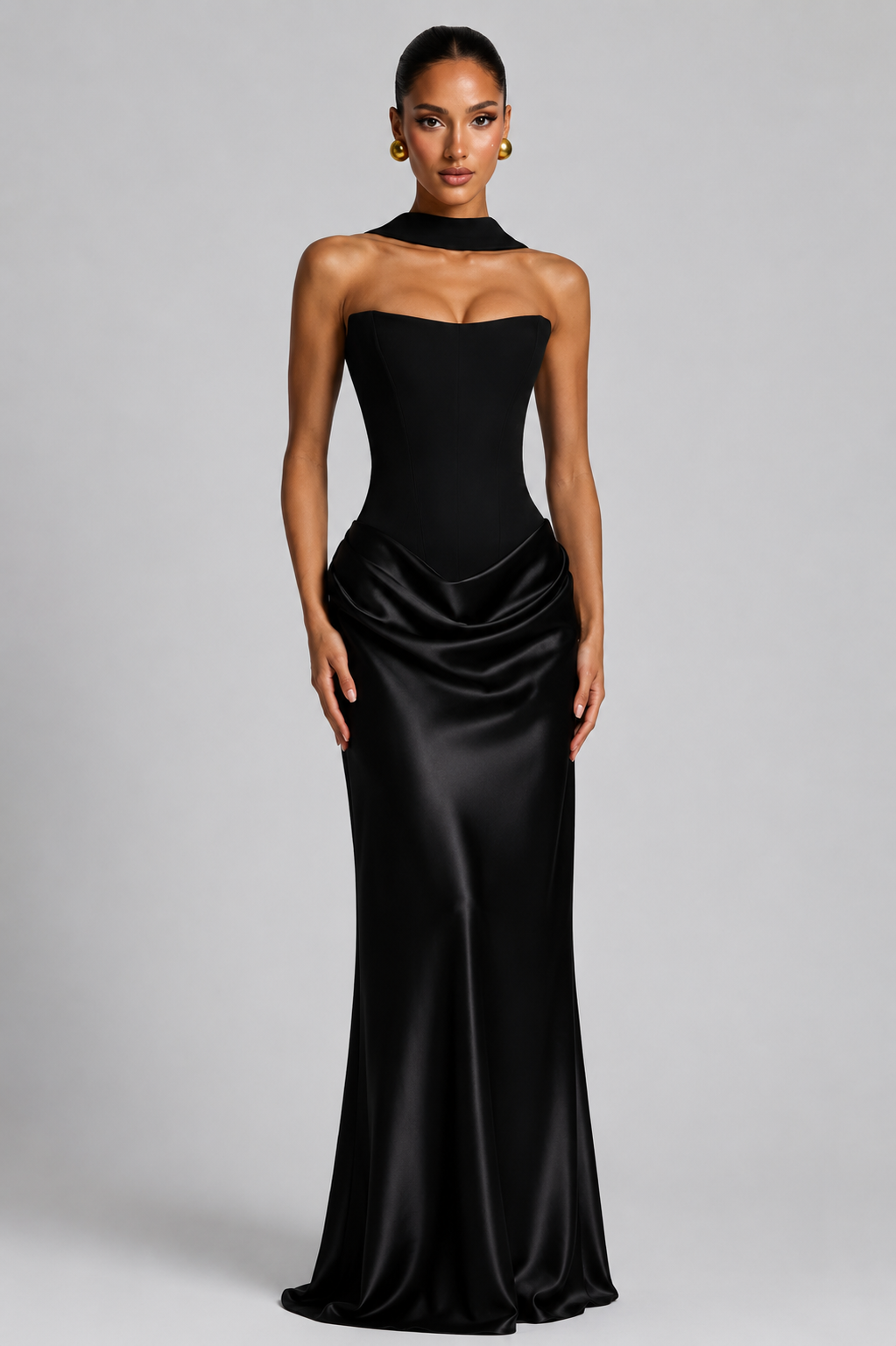 Elegant women's long bodycon dress with strapless corset top. Versatile wedding guest, party, or formal evening attire.