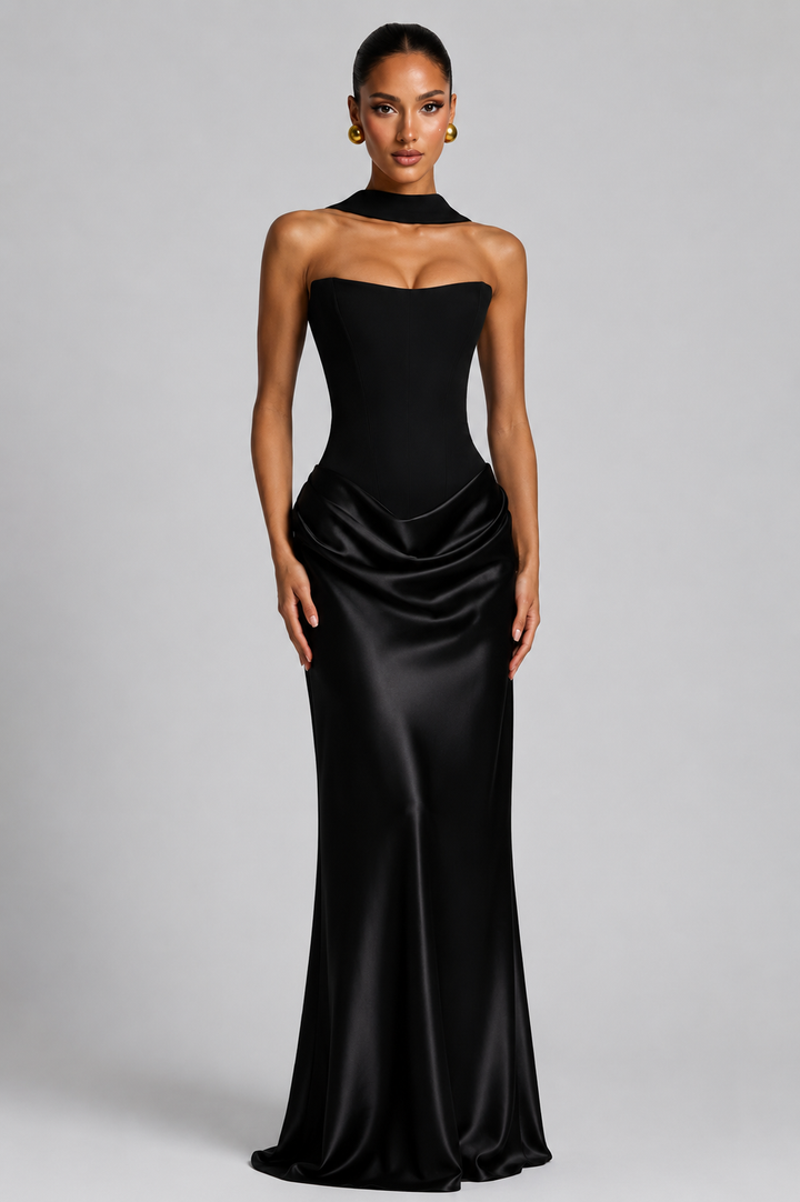 Elegant women's long bodycon dress with strapless corset top. Versatile wedding guest, party, or formal evening attire.