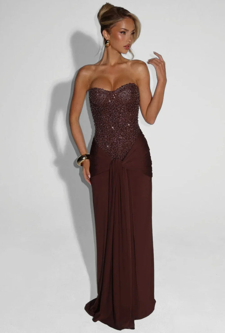 White elegant strapless corset maxi dress for women. Perfect formal evening wear & wedding guest dress.