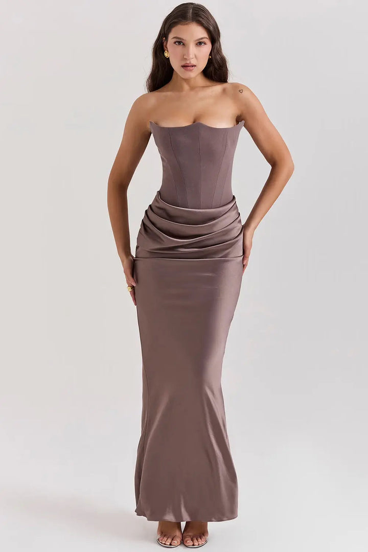 Versatile women's strapless corset maxi dress, ideal occasion wear for weddings, parties & events.