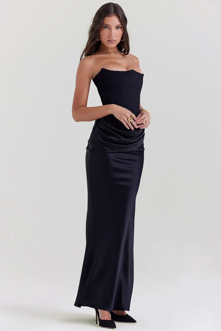 Chic women's strapless corset maxi dress, a flattering evening gown perfect for special occasions.