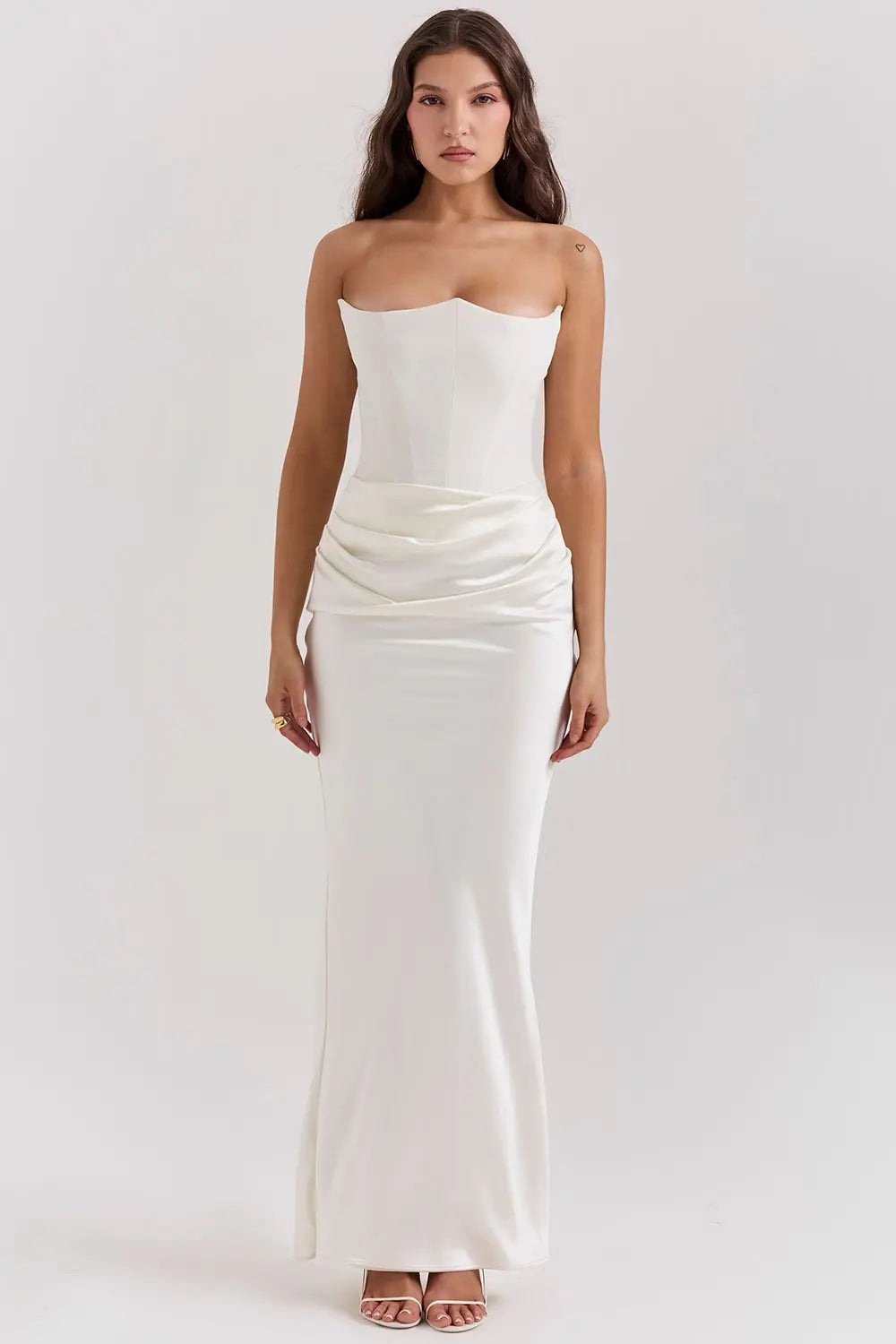 Glamorous women's strapless corset maxi dress, perfect for cocktail parties & elegant evening events.