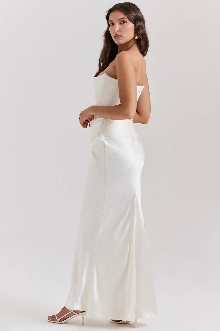 Beautiful women's elegant strapless maxi dress for formal evening events & special occasion wear.