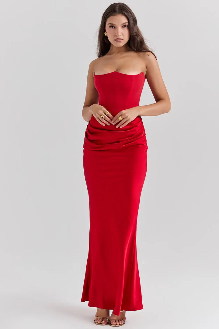 Premium women's strapless corset maxi evening gown, an elegant choice for discerning guests.