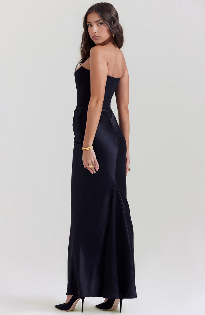 Stunning strapless maxi dress with corset detailing for women. Ideal elegant evening or party wear.