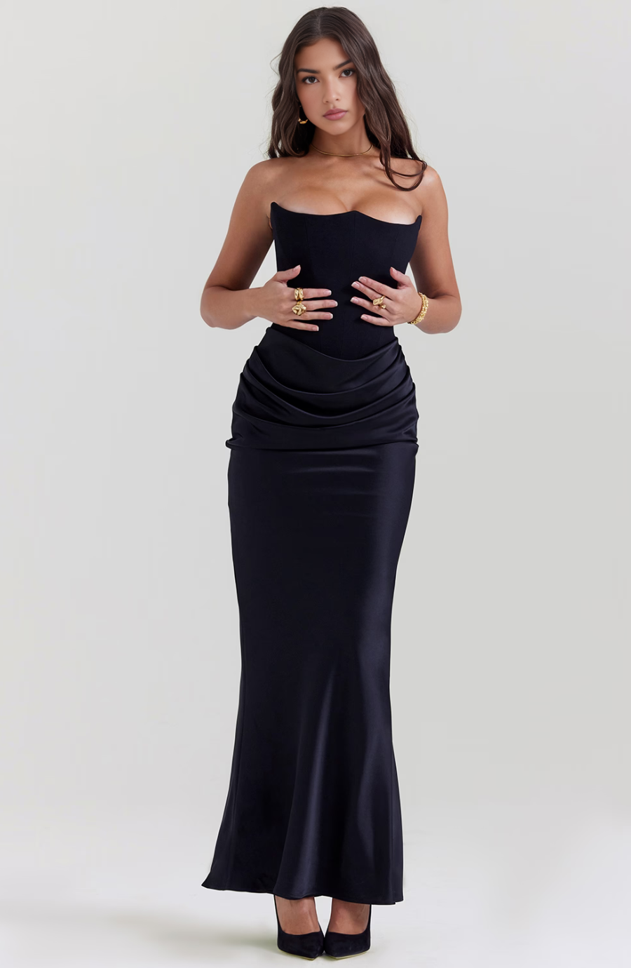 Formal women's strapless corset maxi dress, showcasing a sculpting fit. Great for galas & events.