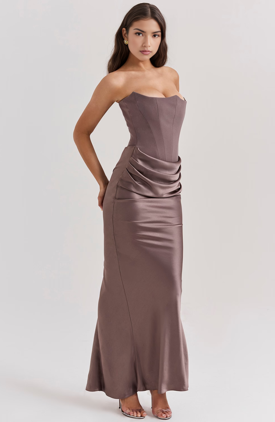 Luxurious strapless corset maxi dress for women, offering an elegant and flattering silhouette. Party ready.