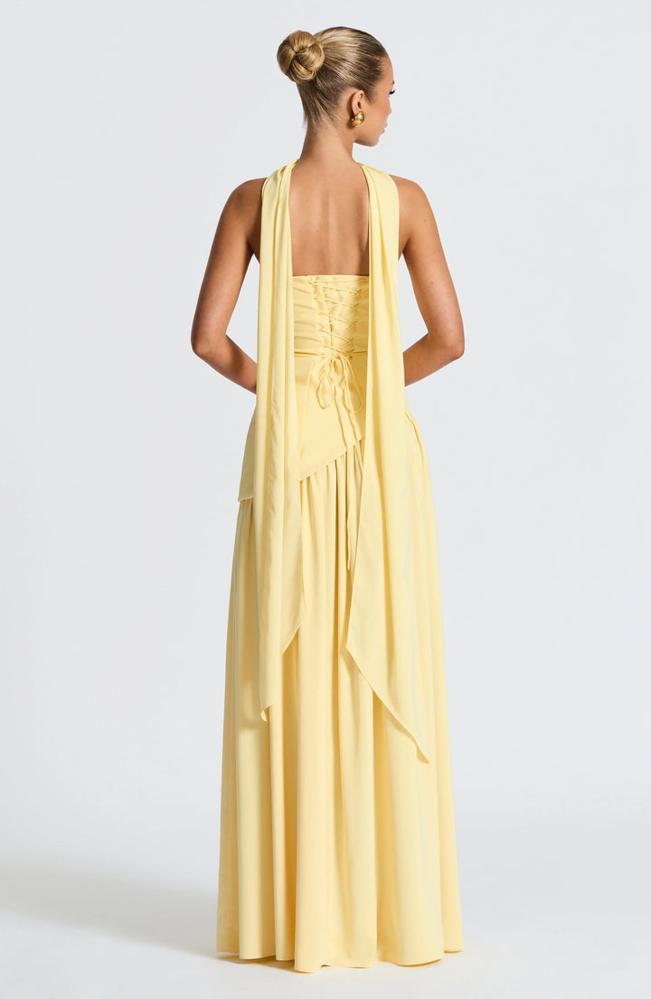 Glamorous women's party dress, strapless corset design, maxi length with a stylish high leg split.
