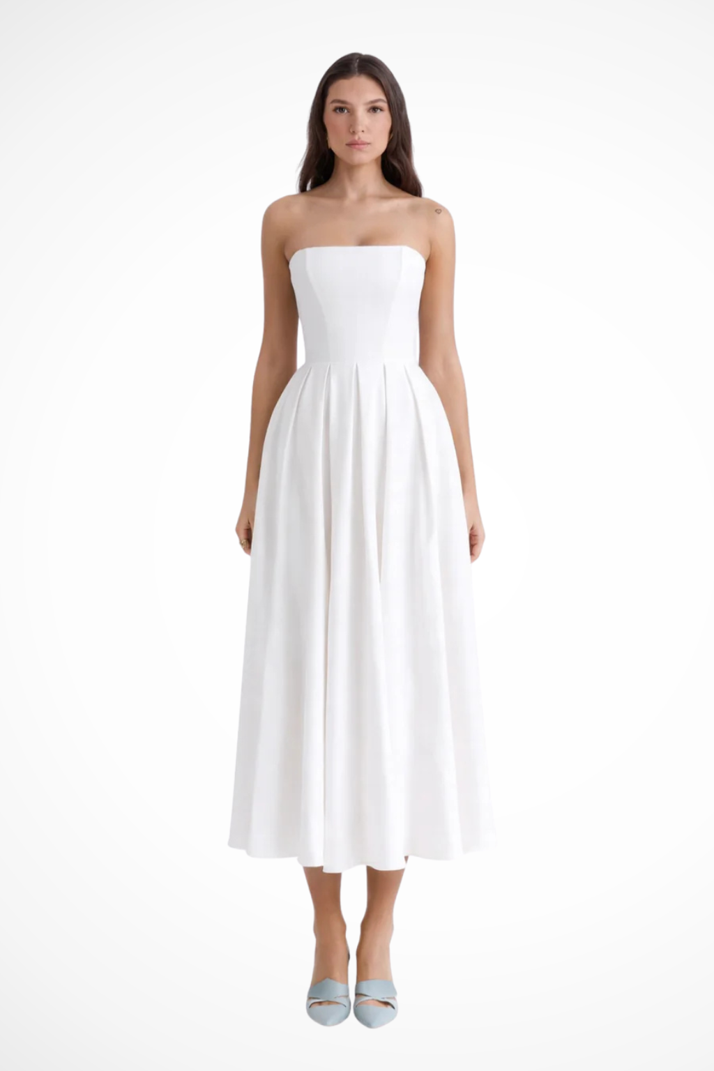 Elegant women's strapless corset midi dress with a flared A-line skirt, perfect for formal events & parties.